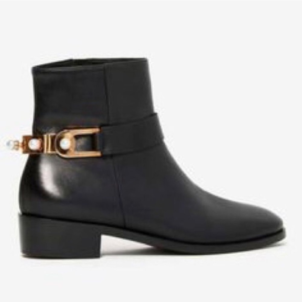 EUGENIA KIM Leather Ankle Boots With Faux Gold & Pearl Embellishment Size 40